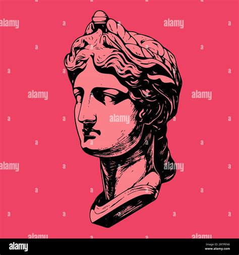 Red Antique Statue Head Of Greek Sculpture Sketch Engraving Style