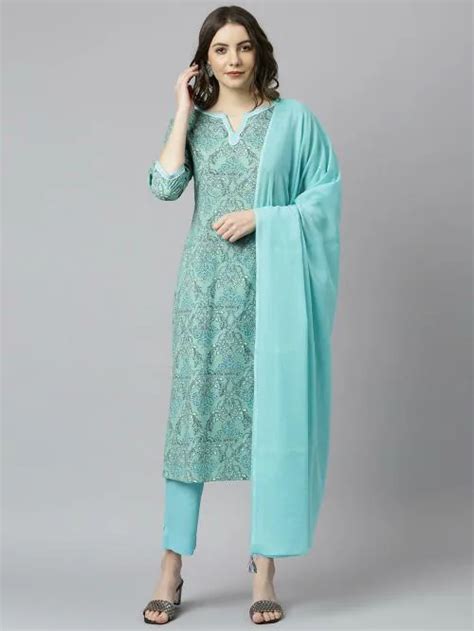 Buy Janasya Womens Sea Green Cotton Floral Print Kurta With Pant And