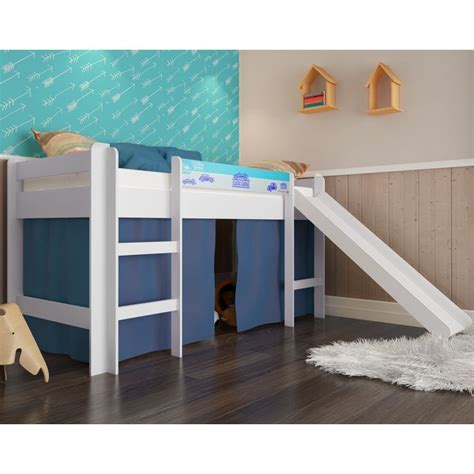 Cama Infantil Cabaninha Escorregador Bb Branco Azul Completa