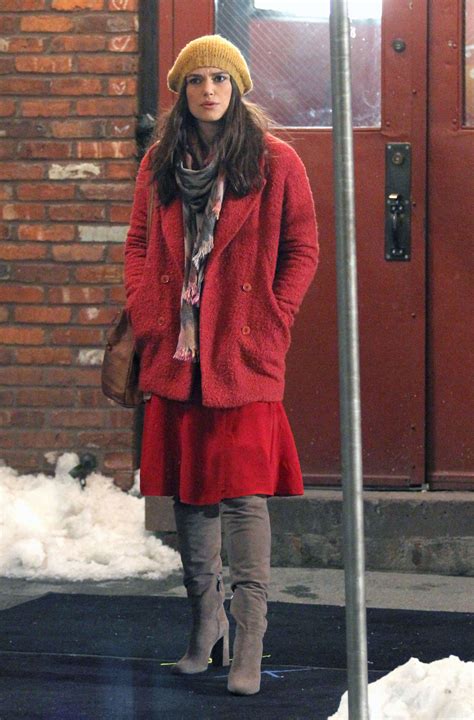 Keira Knightley in Red Coat on Collateral Beauty set -22 | GotCeleb