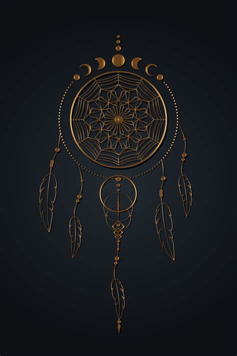 Detailed Dreamcatcher With Mandala Ornament And Moon Phases Gold