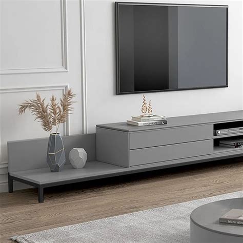 Minimalist Grey Tv Stand Stone Top Retracted Extendable Media Console