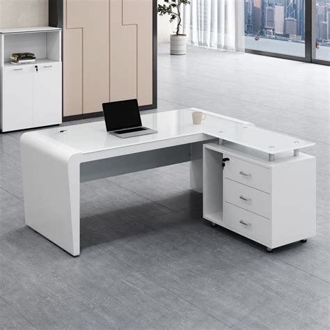 Cheap Executive Manager Ceo Office Furniture White Modern L Shape Glass