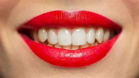 Lips Or Mouth Of Smiling Woman With Red Lipstick Stock Image Image Of