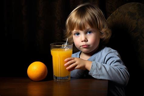 Premium Ai Image A Child Is Drinking Orange Juice From A Glass With