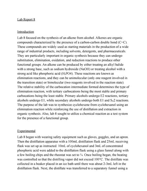 Lab Report Organic Chem 1 Lab Report 8 Introduction Lab 8 Focused On