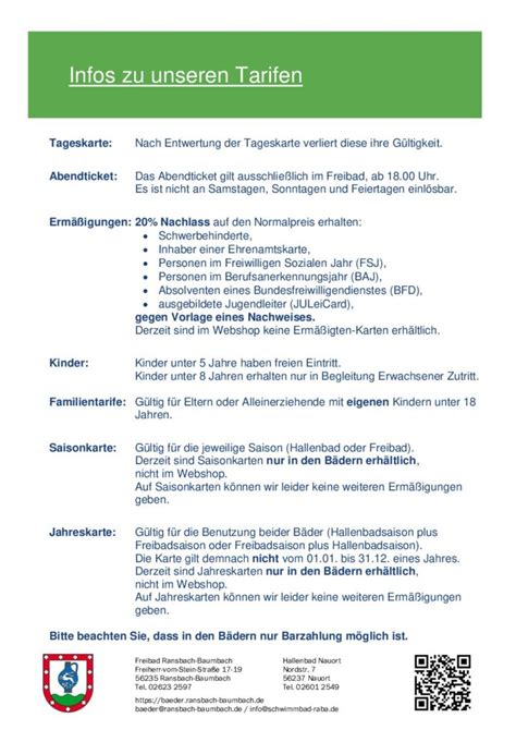 Infos zu unseren Tarifen Bäder der Verbansdsgemeinde Ransbach Baumbach