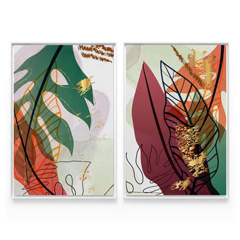 Quadro Para Sala Decorativo Tropical Leaves Abstrato Natureza Kit 2