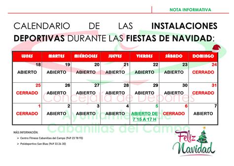 HORARIOS DE NAVIDAD EN LAS INSTALACIONES DEPORTIVAS MUNICIPALES Ayto