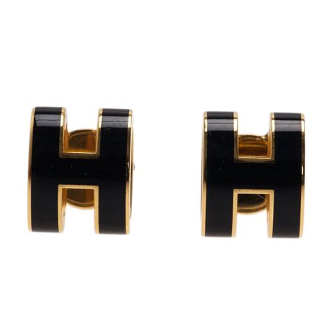 Hermes Pop H Black Lacquered Gold Tone Stud Earrings Hermes Tlc