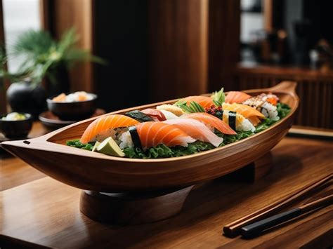 Premium AI Image | Sushi Boat A decorative wooden boatshaped platter ...