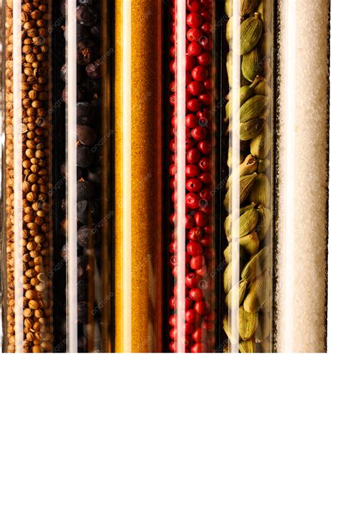 Spices In Beakers Close Up Brown Ginger Food, Curry, Coriander, Ras El