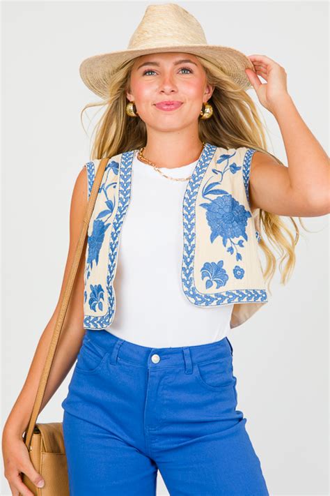 Floral Embroidery Vest Blue Sale The Blue Door Boutique