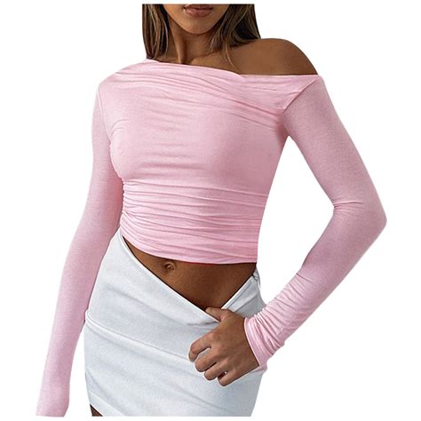 Biziza Women Sexy One Shoulder Asymmetrical Neck Crop Top Y2k Long Sleeve Ruched Going Out