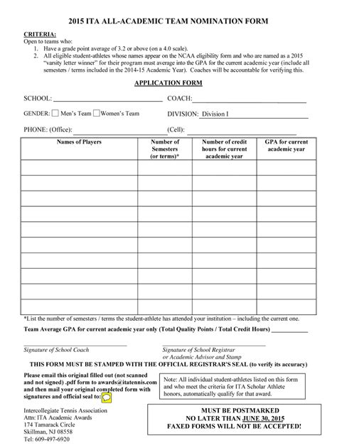 Fillable Online 2015 ITA ALL ACADEMIC TEAM NOMINATION FORM Fax Email