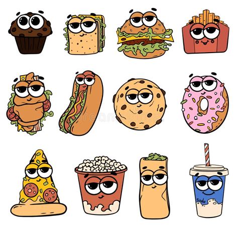 Trendy Groovy Fast Food Sticker Set Stock Illustration Illustration