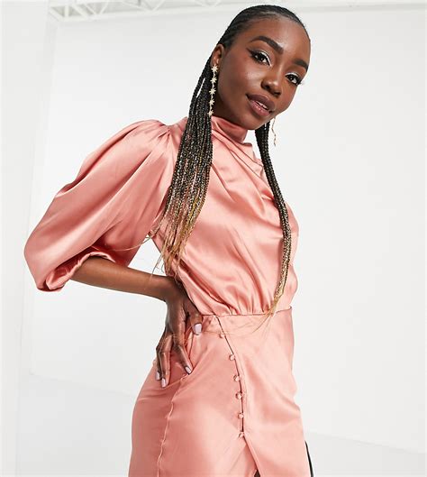 Asos Design Tall Pleat Cowl Neck Satin Midi Tea Dress With Puff Sleeve