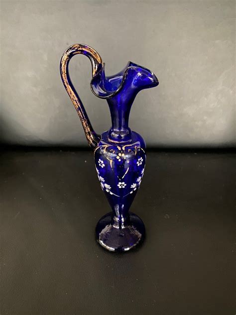 Elegant Antique Hand Painted Bristol Glass Cobalt Blue Ewer Pitcher Jug Vase Hobbies And Toys