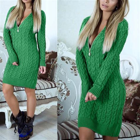 Autumn Winter Dress Women Sexy V Neck Zipper Knitted Sweater Dress Long