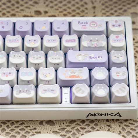 Cat Head Design Keys Lilac Keycaps Cute Purple Meow Raccoon Mao