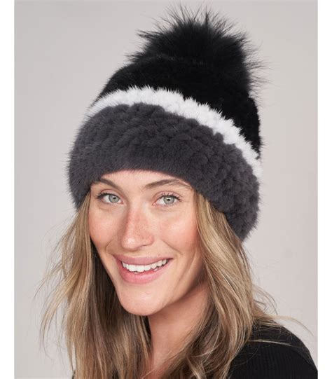 Bailey Tri Color Knit Mink Beanie Hat With Fox Fur Pom Pom Furhatworld