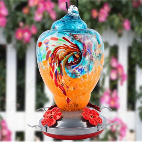 Swirl Hummingbird Feeder Multicolor Hand Blown Glass Hummingbird Feeder 32oz Hanging Bird