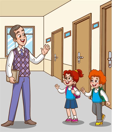 Teacher And Students Greet At School Cartoon Vector Teacher Cartoon