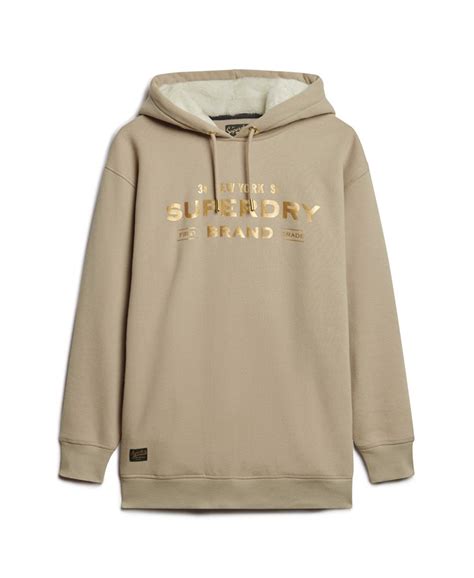 Dames Luxe Hoodiejurk Met Metallic Logo Warm Grey Superdry Nl