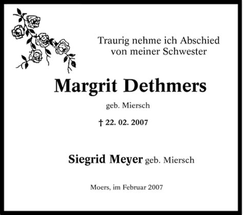 Traueranzeigen Von Margrit Dethmers Trauer In Nrw De