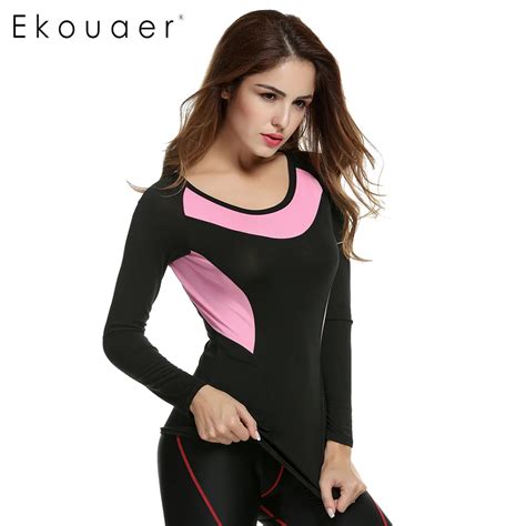 Ekouaer Women O Neck Tee Shirt Tights Fitness Quick Dry Casual Stretch