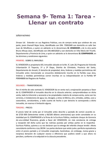 Contrato Compra Venta Semana 9 Tema 1 Tarea Llenar Un Contrato