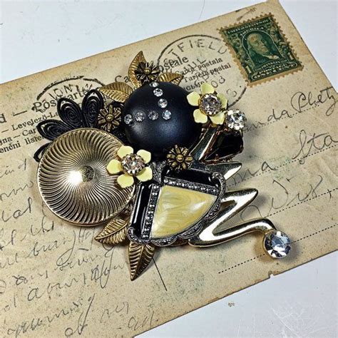 Diane Upcycled Vintage Jewelry Collage Brooch Pin Flowers Black Yellow