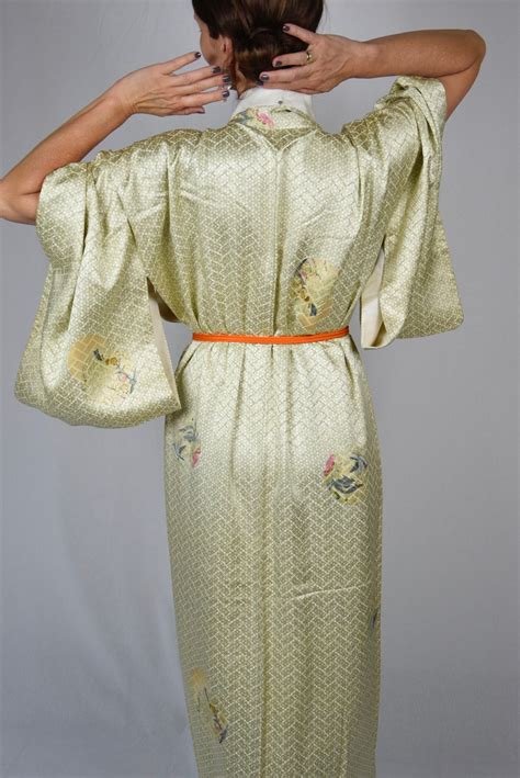 Japanese Vintage Kimono Robe Silk In Green With Free Obijime Belt Silk