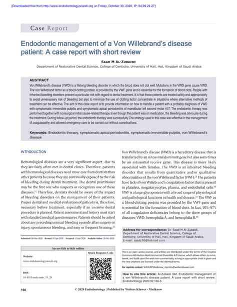 Pdf Endodontic Management Of A Von Willebrands Disease Patient A Case Report With Short Review