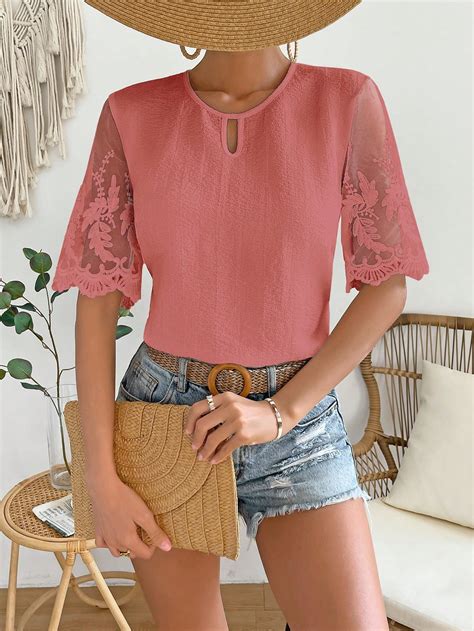 SHEIN VCAY Contrast Lace Keyhole Neckline Blouse SHEIN USA