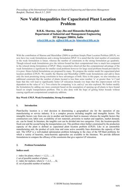 PDF New Valid Inequalities For Capacitated Plant Location Problem