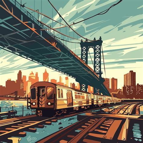 El tren en el puente de Brooklyn Ilustración vectorial de la ciudad de