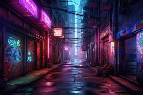 Premium Ai Image City Alleyway With Neon Lights Night View Of A Quiet