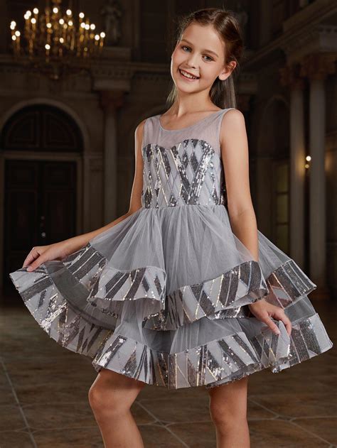 Tween Girls Mesh Layered Hem Contrast Sequin Party Dress Elonnashop