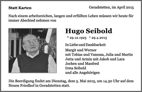 Traueranzeigen Von Hugo Seibold Zvw Trauer