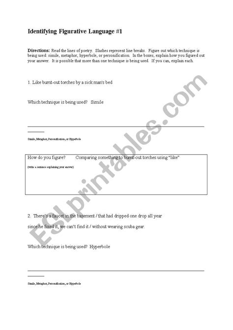 Figurative Language Worksheet 1 Figurative Language Esl Worksheet By