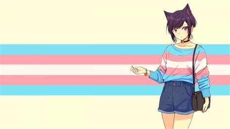 Wallpaper Paxiti Cat Girl Transgender Sweater Striped Sweaters Purple Eyes Jean Shorts