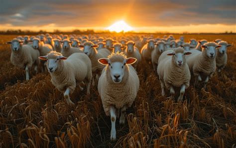 Premium Photo Flock Of Sheep Running Through Field At Sunset