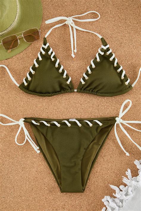 Trendyolmilla Haki Üçgen Kontrast Renk Biyeli Brazilian Bikini Takımı TBESS BT Fiyatı
