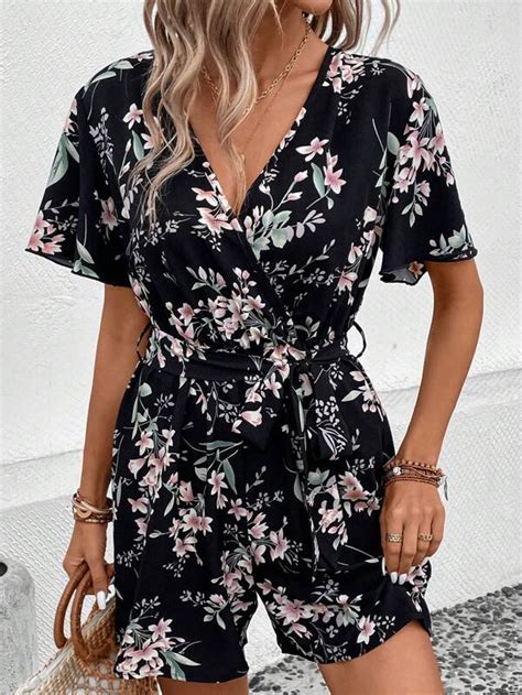 Shein Lune Floral Print Butterfly Sleeve Belted Romper Shein Usa