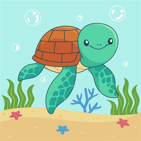 Ilustración de tortuga marina de dibujos animados dibujados a mano