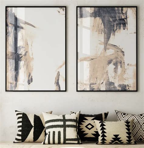 Kit Quadro Decorativo Pintura Abstrata Pinceladas Nude Azul