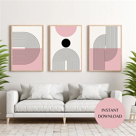 Mid Century Pink And Ivory Printable Wall Art Set Of Three Boho