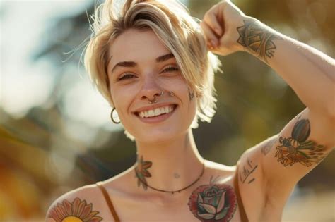 Pretty Tattooed Female Model With Short Blonde Hair Smiling Looking At