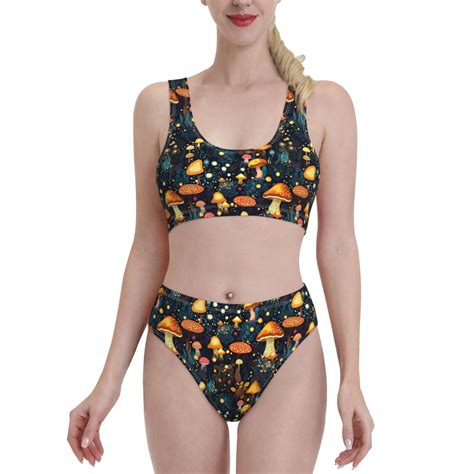 Logiee Colorful Plants Mushroom Print Women S Piece Bikini Set Halter